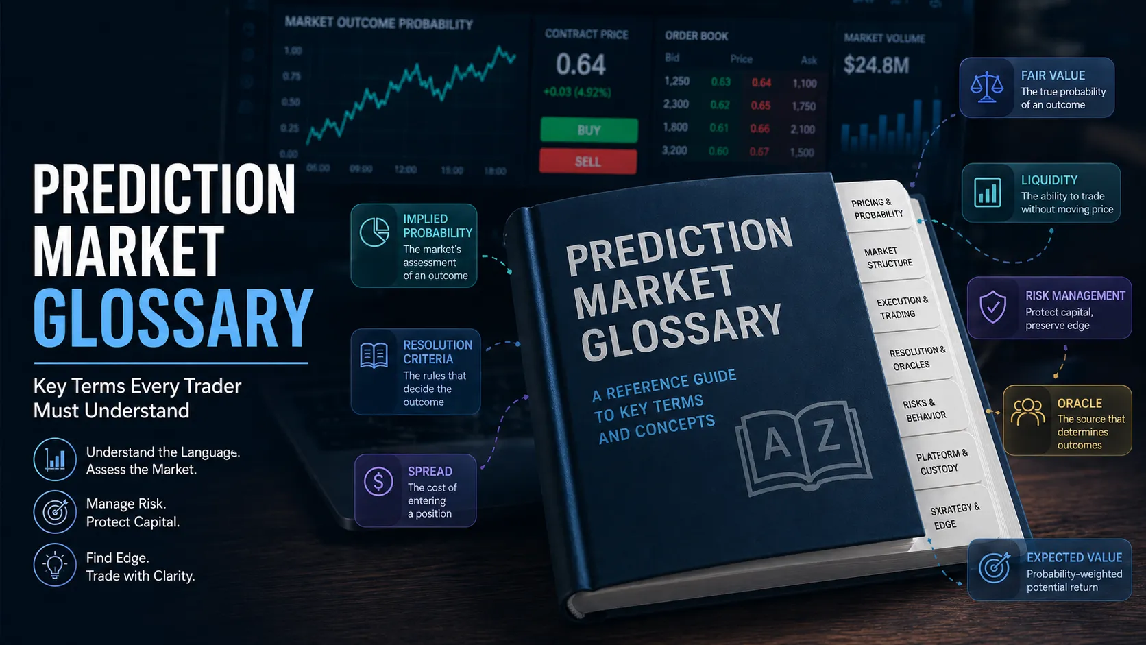 Prediction market glossary concept with financial dashboard, probability charts, and key trading terms like liquidity, spread, and expected value